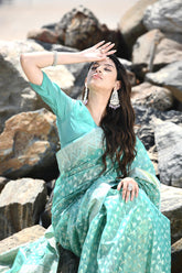 'Mehfil-e-Rang' Sea Green Pure Resham Cotton Silk Banarasi Handloom Saree